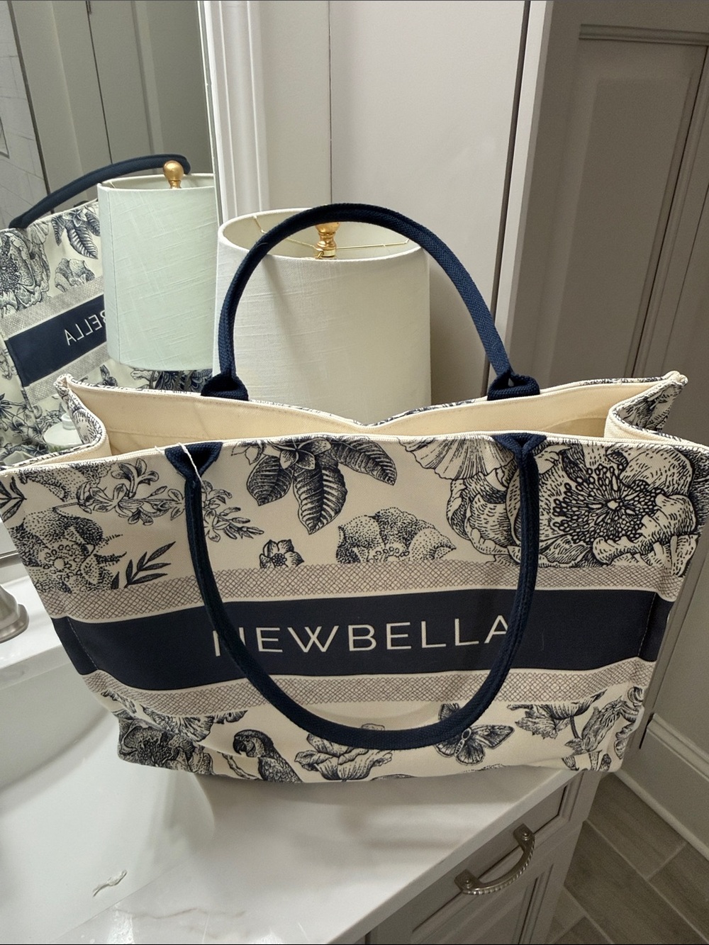 Newbella Navy & Cream Floral Canvas Tote